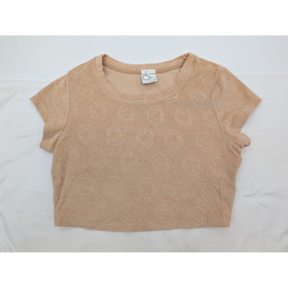 OFFLINE by Aerie Smiley Face Cropped Top Small Tan Preppy Comfort Lounge Casual